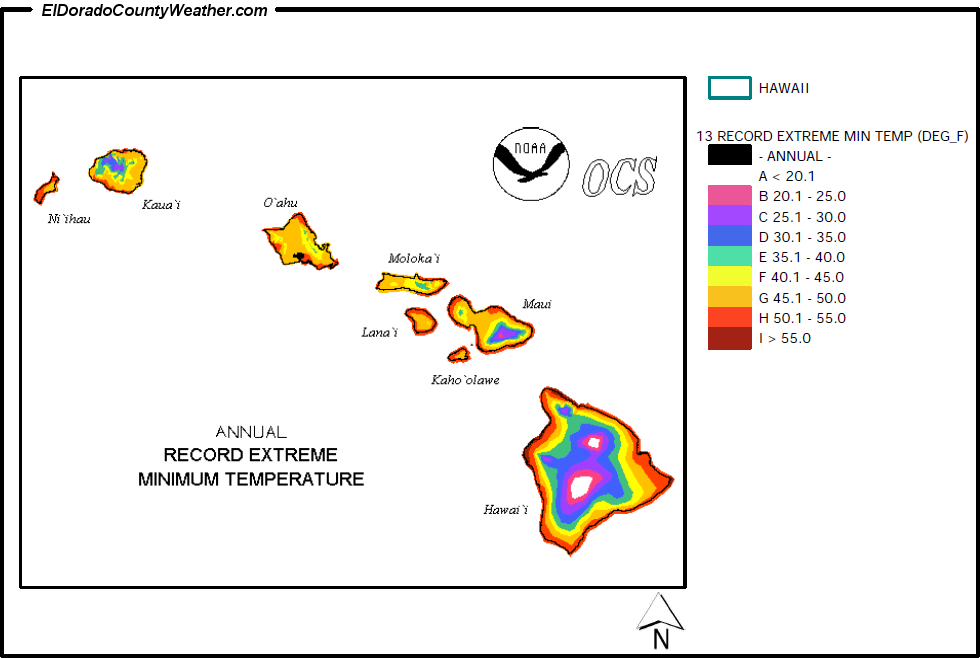 Hawaii Yearly Annual Record Extreme Minimum Temperature